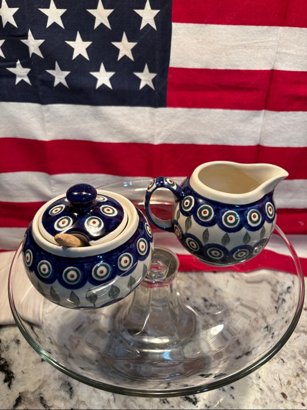 Hand-Painted Blue Ceramic Sugar Bowl & Creamer Set - Polish-Style